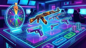A vibrant gaming-themed illustration showing virtual weapon skins glowing on a digital table with casino-style elements